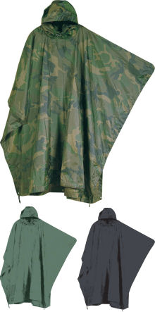 Click for more details ....
Waterproof poncho available in Green, Black and Camo.Waterproof ripstop nylon-Cord adjuster for hood-Press-stud sides -6 eyelets on hem -Ties on each corner-213 x 145cm-Weight 340gms-