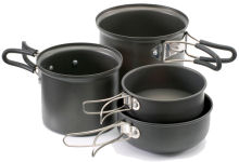 A four piece cooking pan set ideal for camping trips and outside catering. These pans conveniently stack and clip together for easy transportation.Durable hard anodised finish-Even heat distribution-Easy to clean-Abrasion resistant-Folding handles -Compact pack size for ease of transportation-Mesh carry bag with drawstring- Contents:-0.5 Litre bowl with folding handle-0.25 Litre bowl with folding handle-1 Litre pot with heat resistant folding han....
