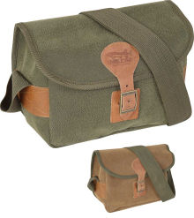 Cartridge bag with leather fastenings in a choice of Green Duotex or Brown Duotex.Height 17cm-Width 25cm-Depth 10cm-