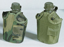 Water bottle with nylon cover and water purification tablet pocket. Camo only.